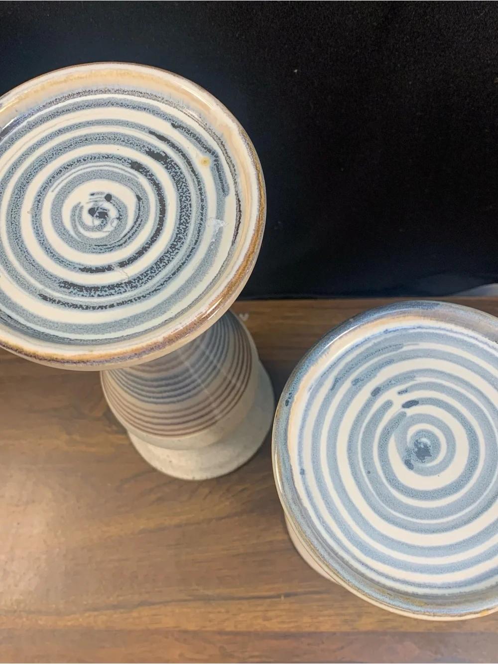 Set of 2 Sierra Sands Ceramic Striped Pillar Candle Holders Blue Purple Beige